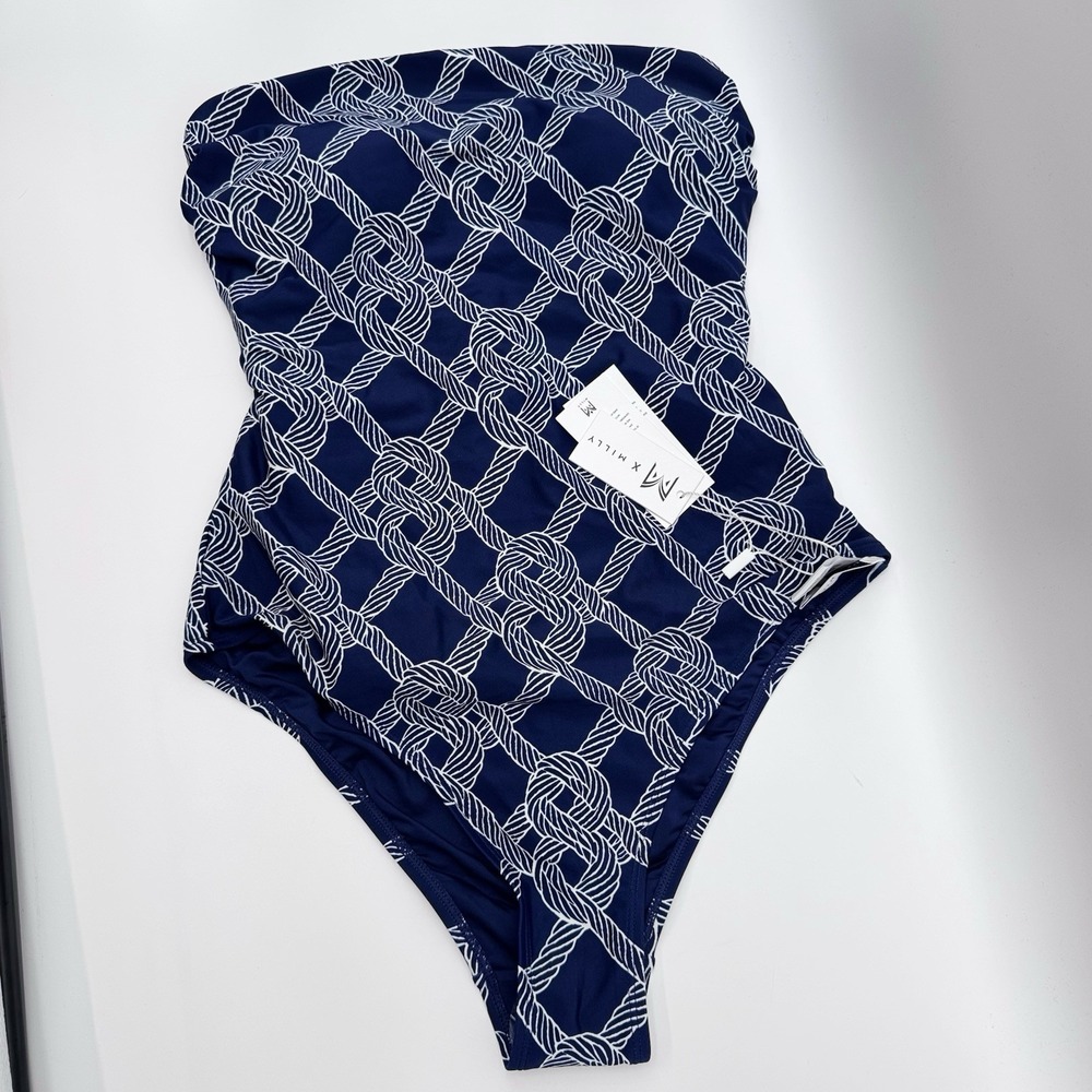 MILLY Rope Print Belted Medium One Piece Swimsuit‎ Navy White Strapless